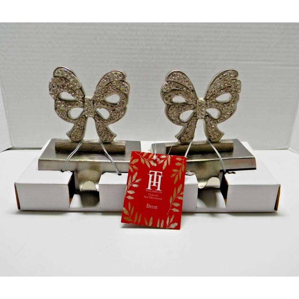 Total Home Set of 2 Bow Stocking Holder Glam Silver Christmas Holiday NWT